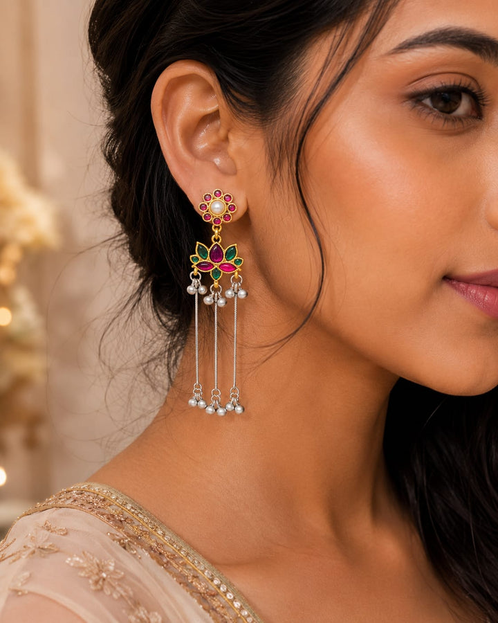 Multicolor Lotus Design Long Drop Earrings With Pearl Tassels | Taditional Ethnic Earrings For Women