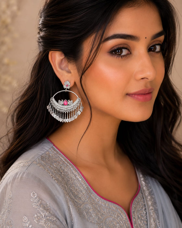 Oxidised Silver Chandbali Earrings for Women | Boho Tribal Statement Earrings | Premium Artificial Jewellery