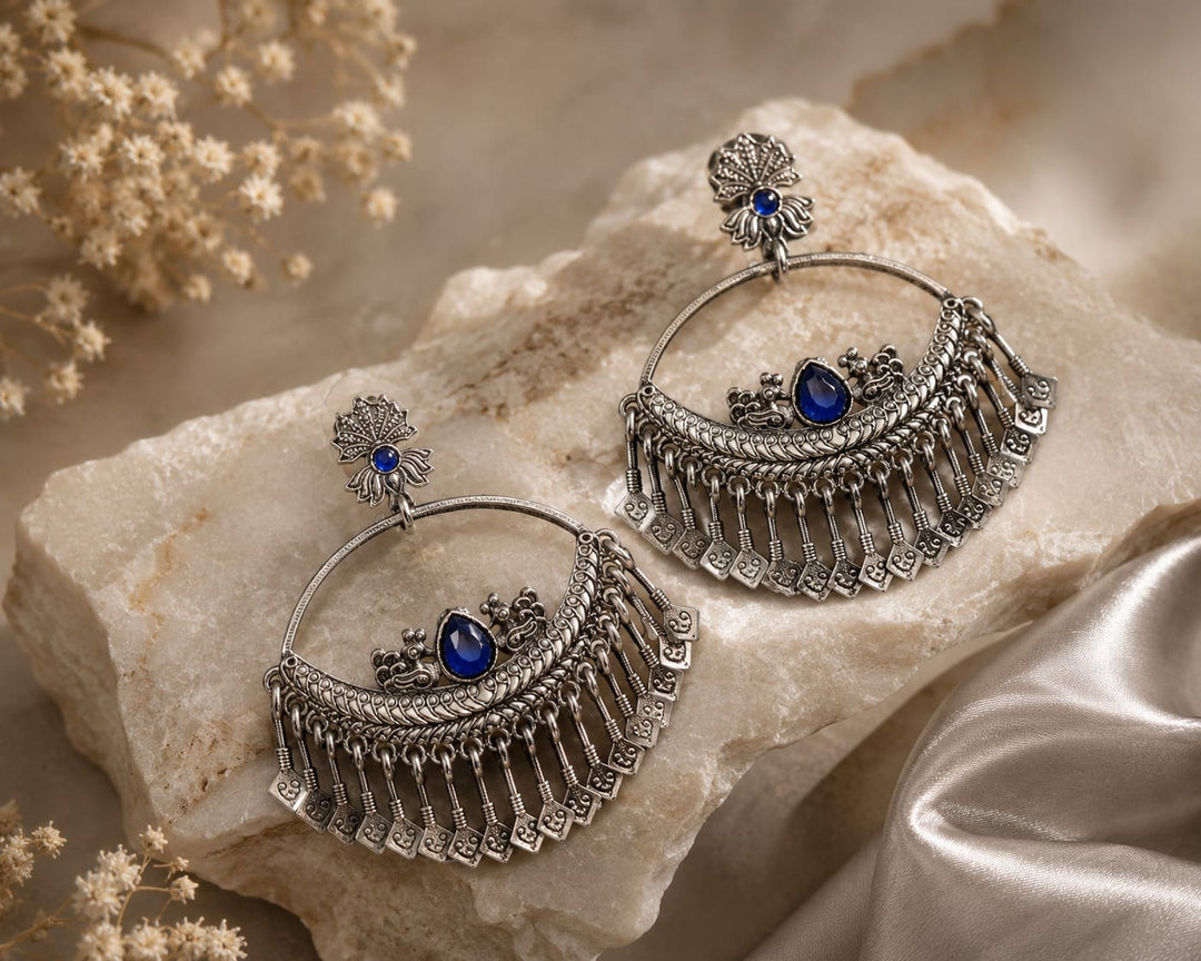 Oxidised Silver Chandbali Earrings for Women | Boho Tribal Statement Earrings | Premium Artificial Jewellery