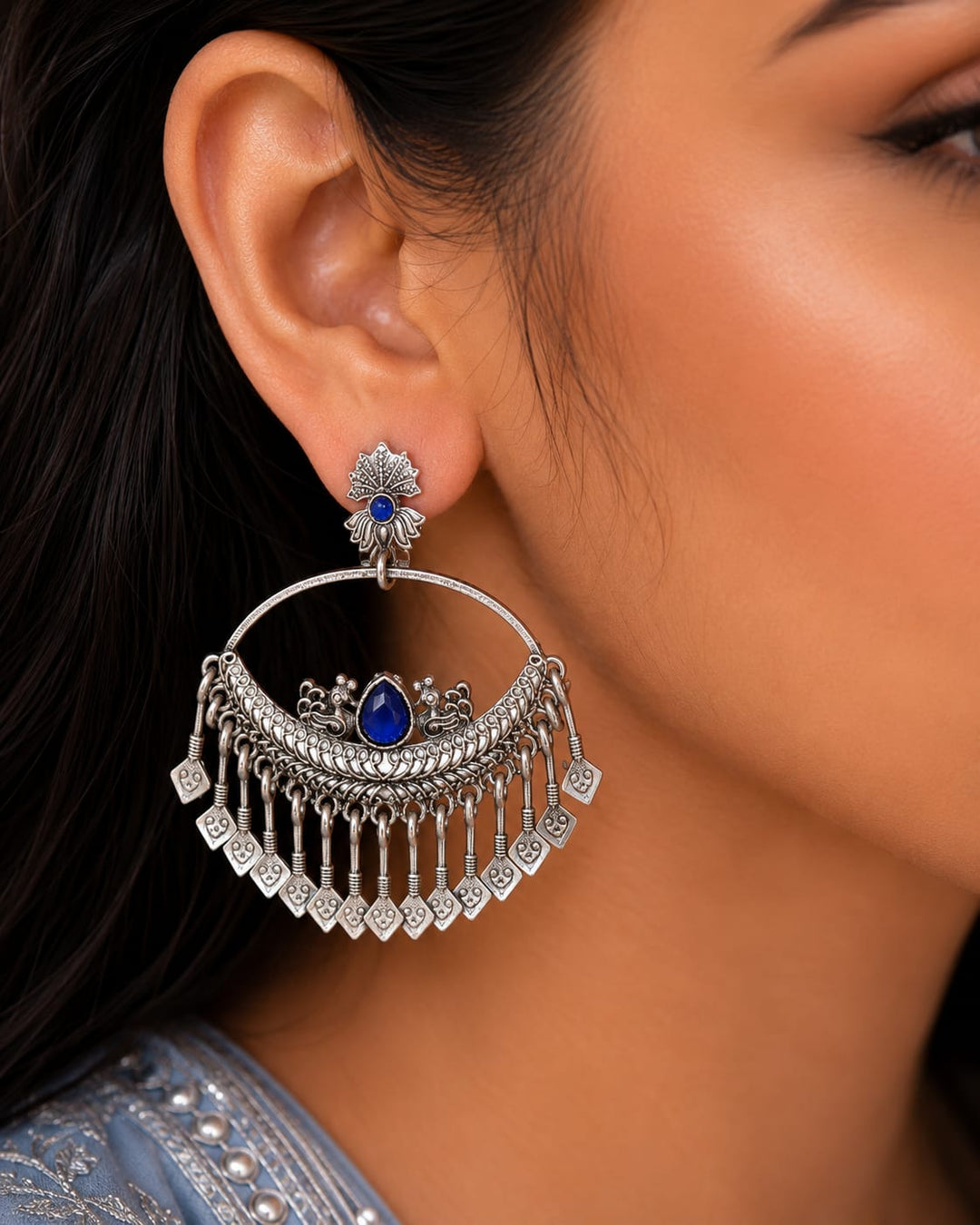 Oxidised Silver Chandbali Earrings for Women | Boho Tribal Statement Earrings | Premium Artificial Jewellery