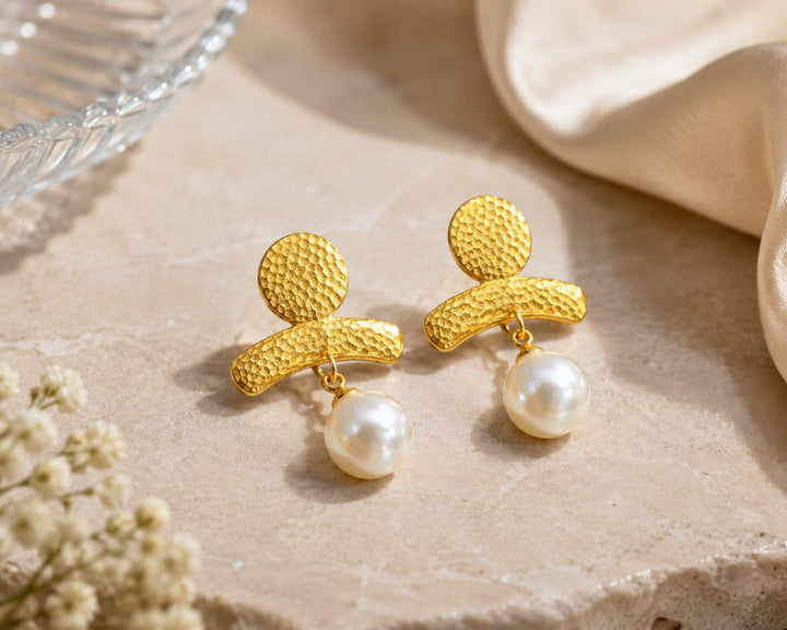 Minimalist Gold Pearl Drop Earrings for Women | Contemporary Statement Earrings | Premium Fashion Jewellery