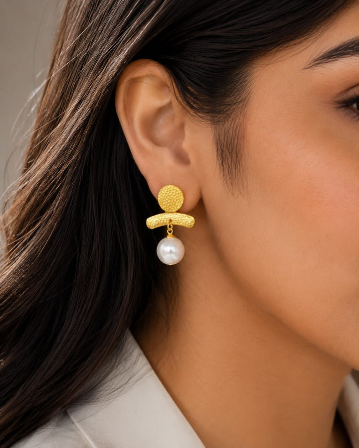 Minimalist Gold Pearl Drop Earrings for Women | Contemporary Statement Earrings | Premium Fashion Jewellery