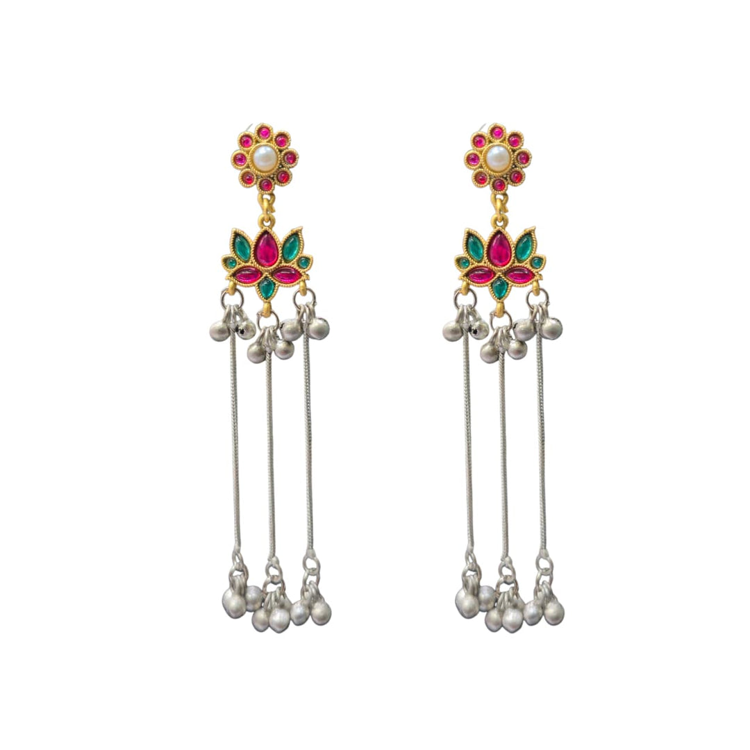 Multicolor Lotus Design Long Drop Earrings With Pearl Tassels | Taditional Ethnic Earrings For Women