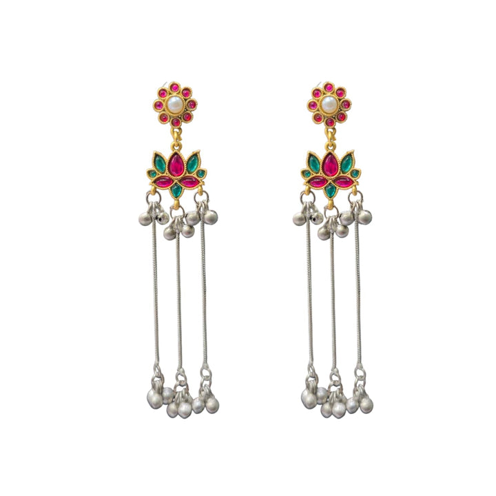 Multicolor Lotus Design Long Drop Earrings With Pearl Tassels | Taditional Ethnic Earrings For Women