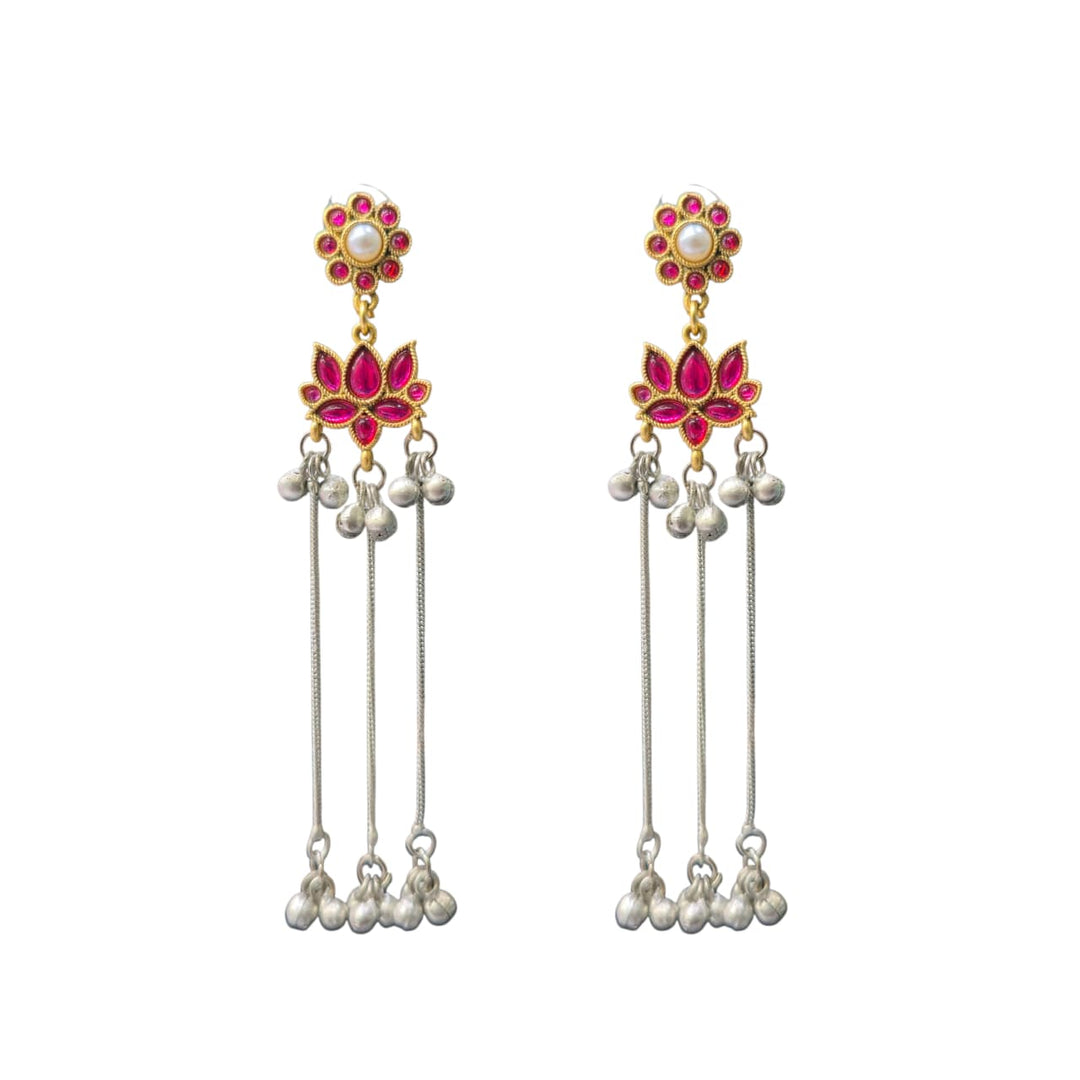 Multicolor Lotus Design Long Drop Earrings With Pearl Tassels | Taditional Ethnic Earrings For Women