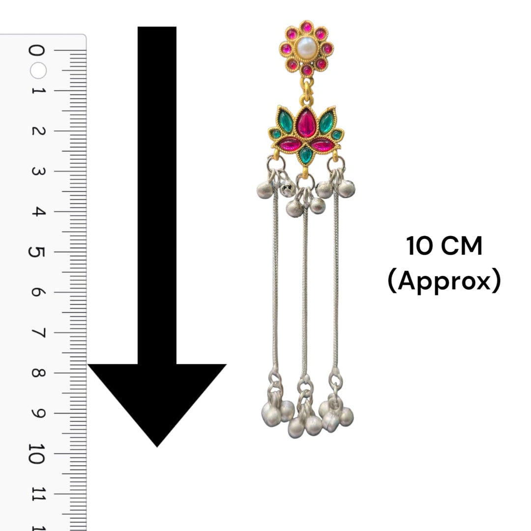 Multicolor Lotus Design Long Drop Earrings With Pearl Tassels | Taditional Ethnic Earrings For Women