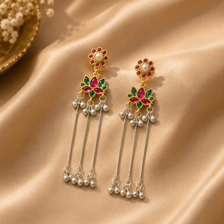 Multicolor Lotus Design Long Drop Earrings With Pearl Tassels | Taditional Ethnic Earrings For Women