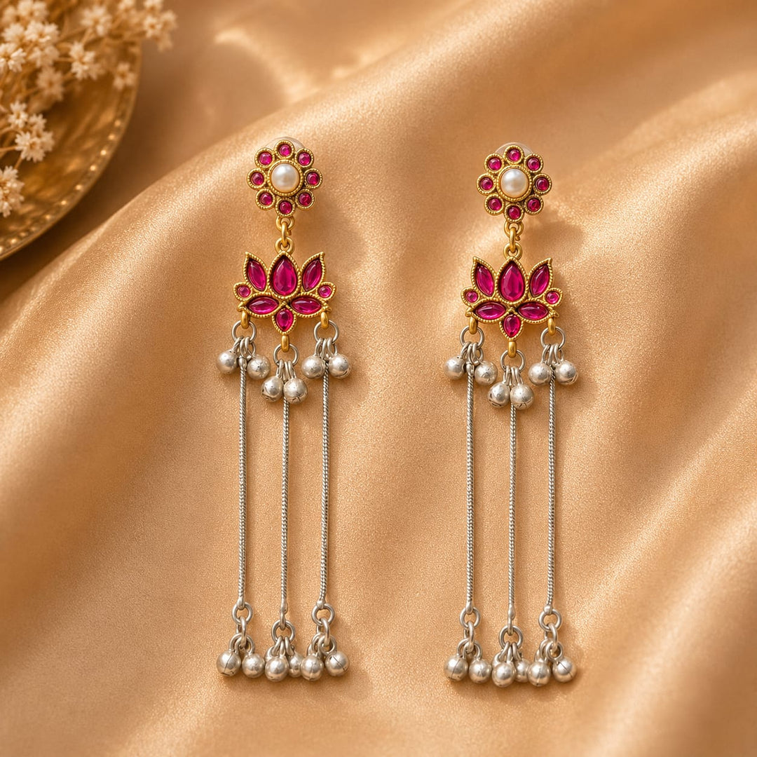Multicolor Lotus Design Long Drop Earrings With Pearl Tassels | Taditional Ethnic Earrings For Women