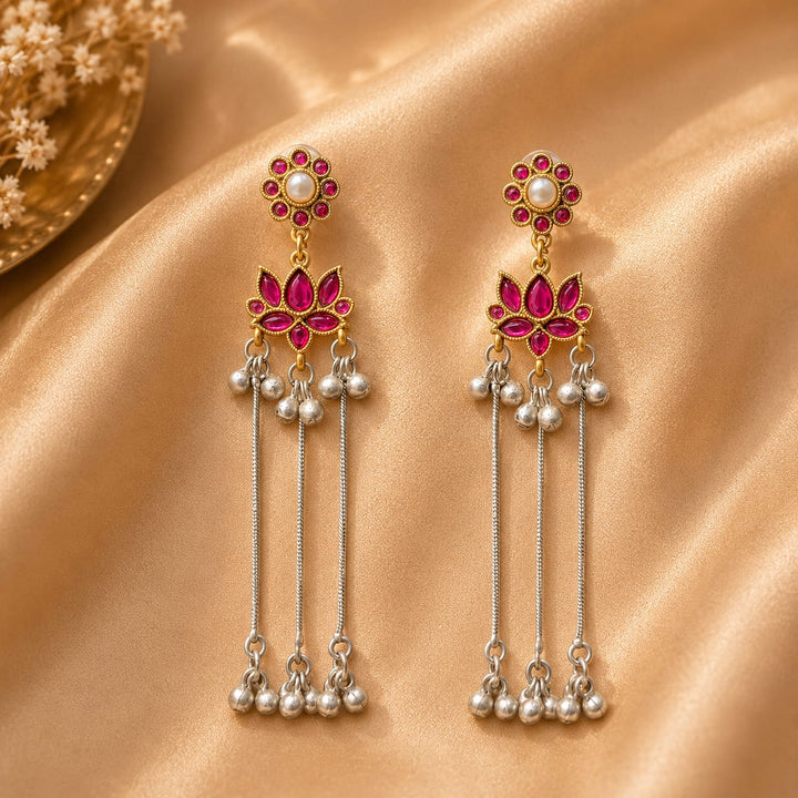Multicolor Lotus Design Long Drop Earrings With Pearl Tassels | Taditional Ethnic Earrings For Women