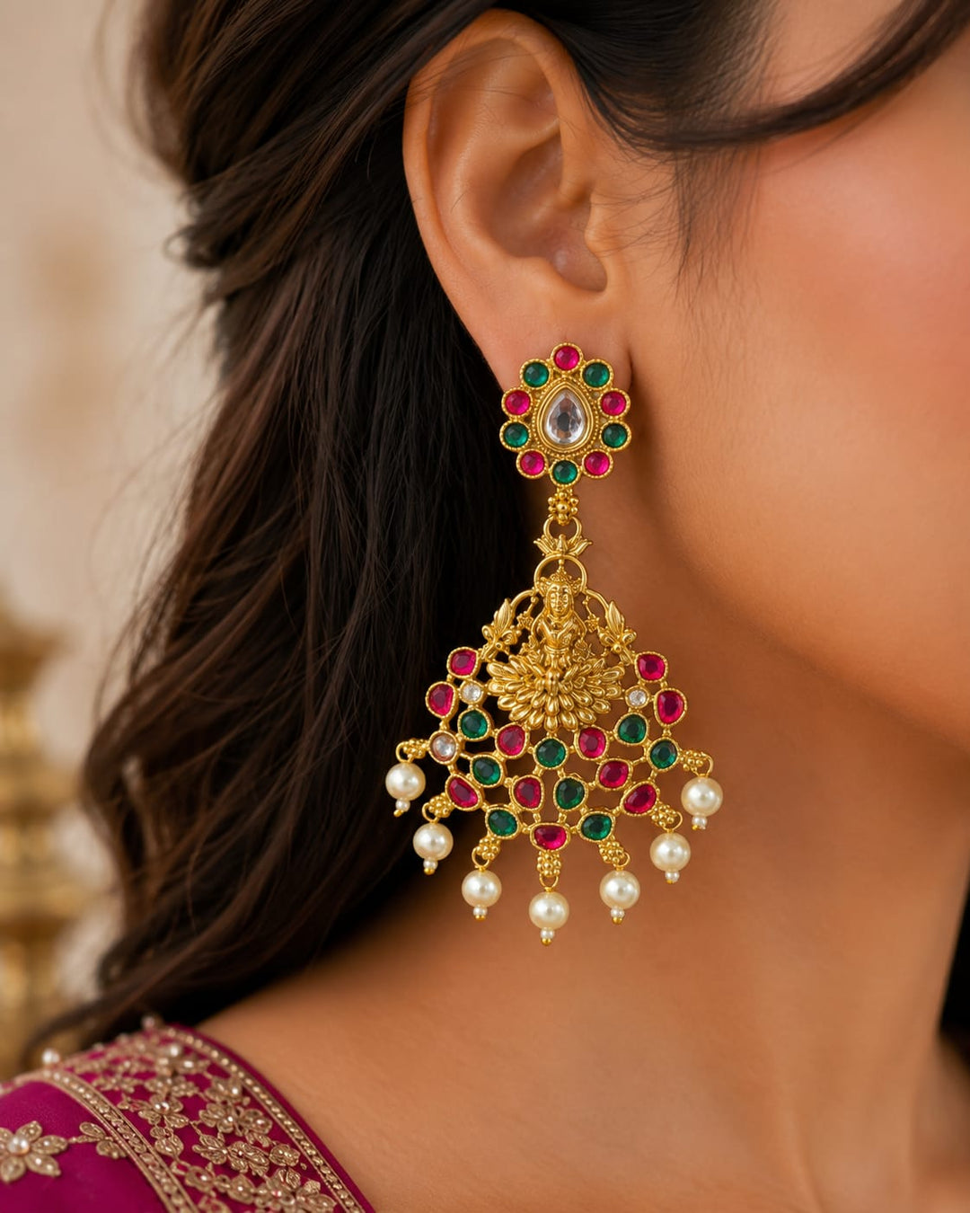 Temple Lakshmi Multicolor Pearl Chandbali Earrings