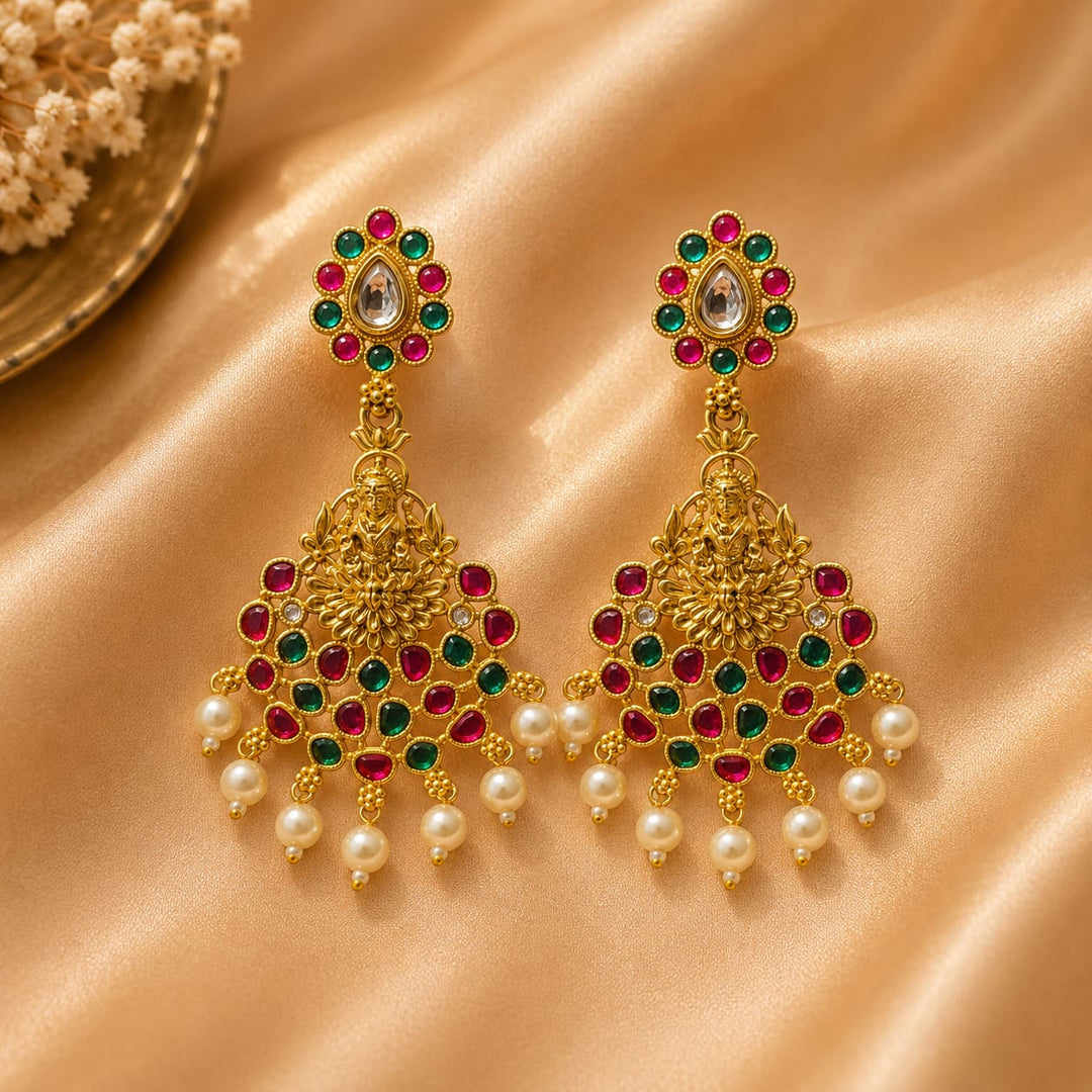 Temple Lakshmi Multicolor Pearl Chandbali Earrings