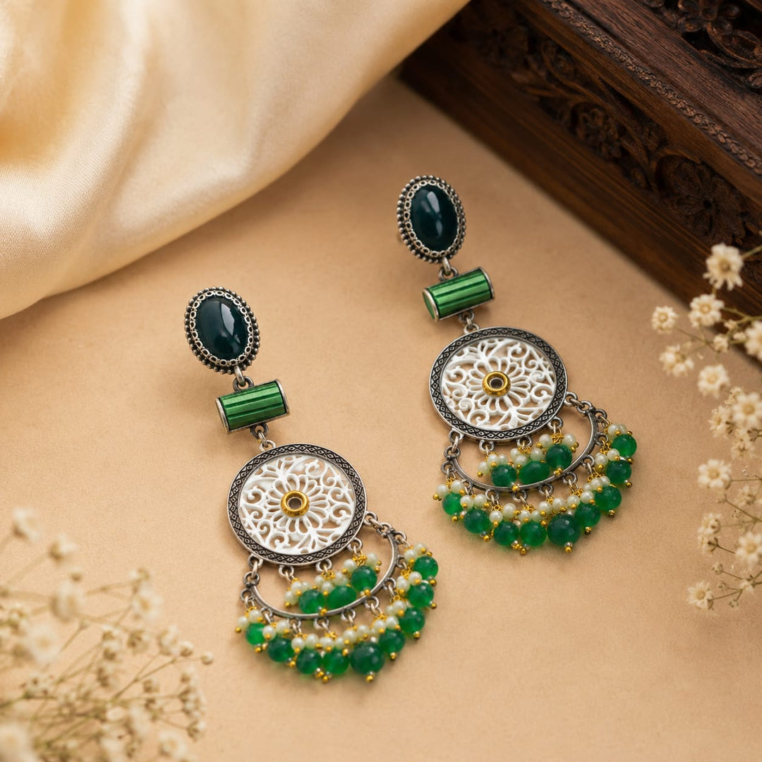 Oxidised Silver Green Beaded Chandbali Earrings for Women | Bohemian Ethnic Statement Earrings | Premium Artificial Jewellery