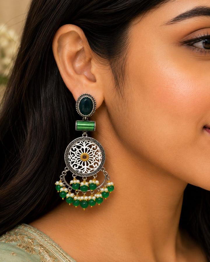 Oxidised Silver Green Beaded Chandbali Earrings for Women | Bohemian Ethnic Statement Earrings | Premium Artificial Jewellery