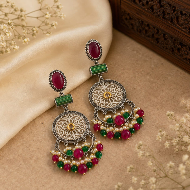 Oxidised Silver Green Beaded Chandbali Earrings for Women | Bohemian Ethnic Statement Earrings | Premium Artificial Jewellery