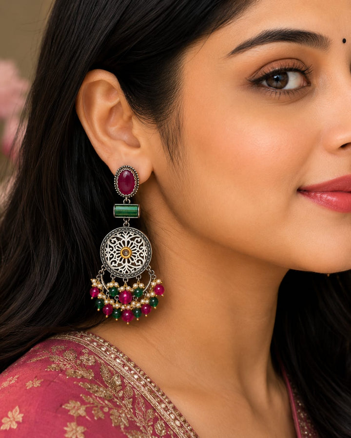 Oxidised Silver Green Beaded Chandbali Earrings for Women | Bohemian Ethnic Statement Earrings | Premium Artificial Jewellery